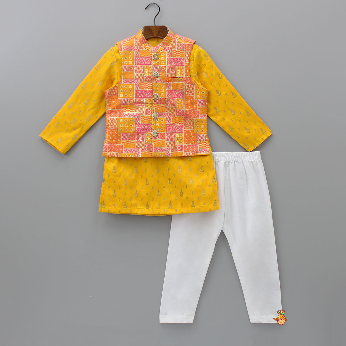 Pre Order: Brocade Kurta And Multicolored Jacket With Pyjama