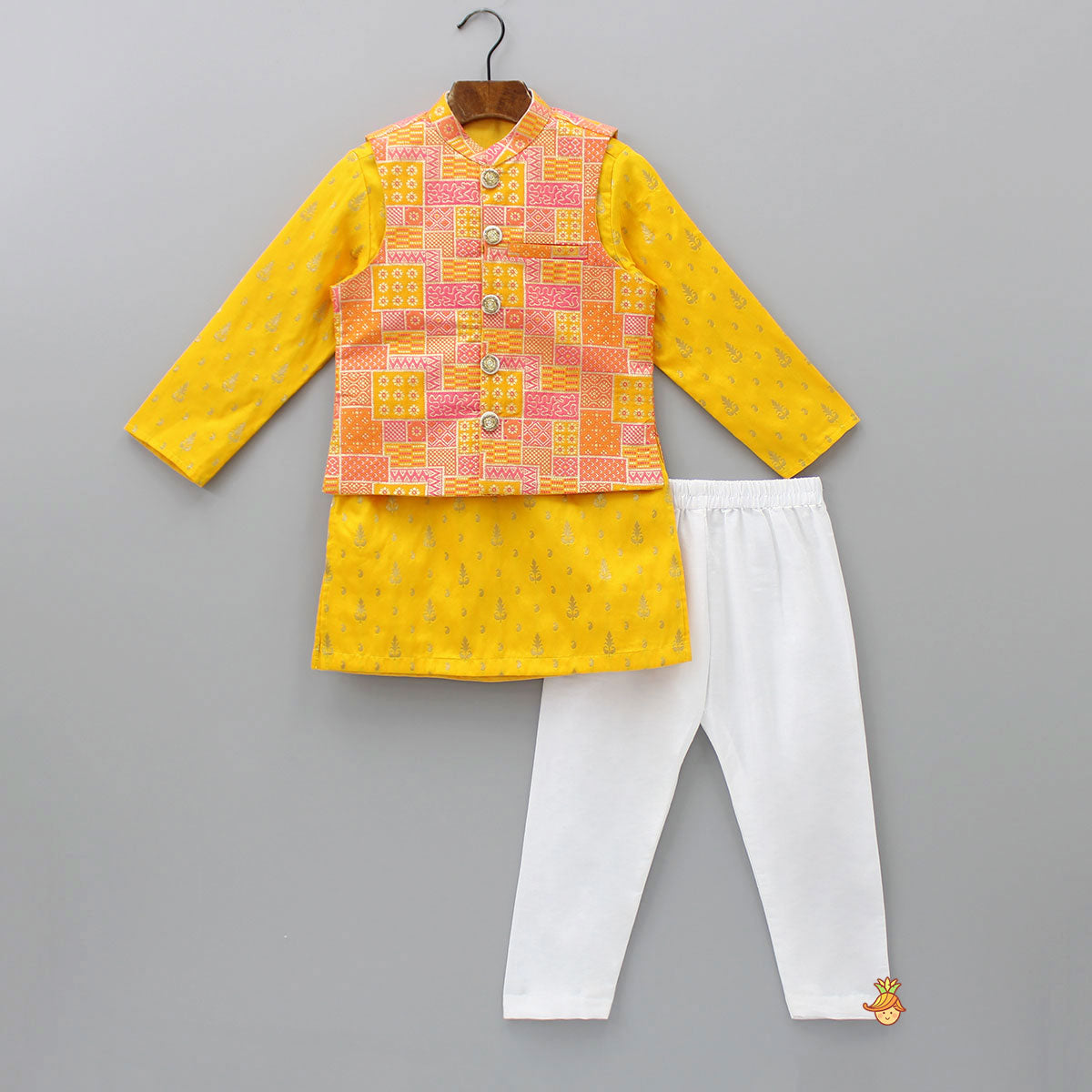 Pre Order: Brocade Kurta And Multicolored Jacket With Pyjama