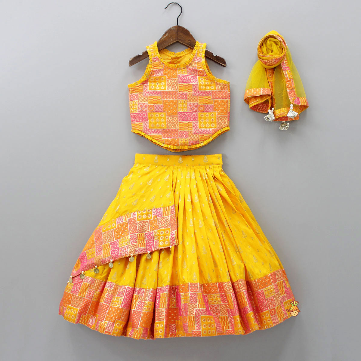 Pre Order: Yellow Multicolour Brocade Printed Top With Pleated Flap Lehenga And Net Dupatta