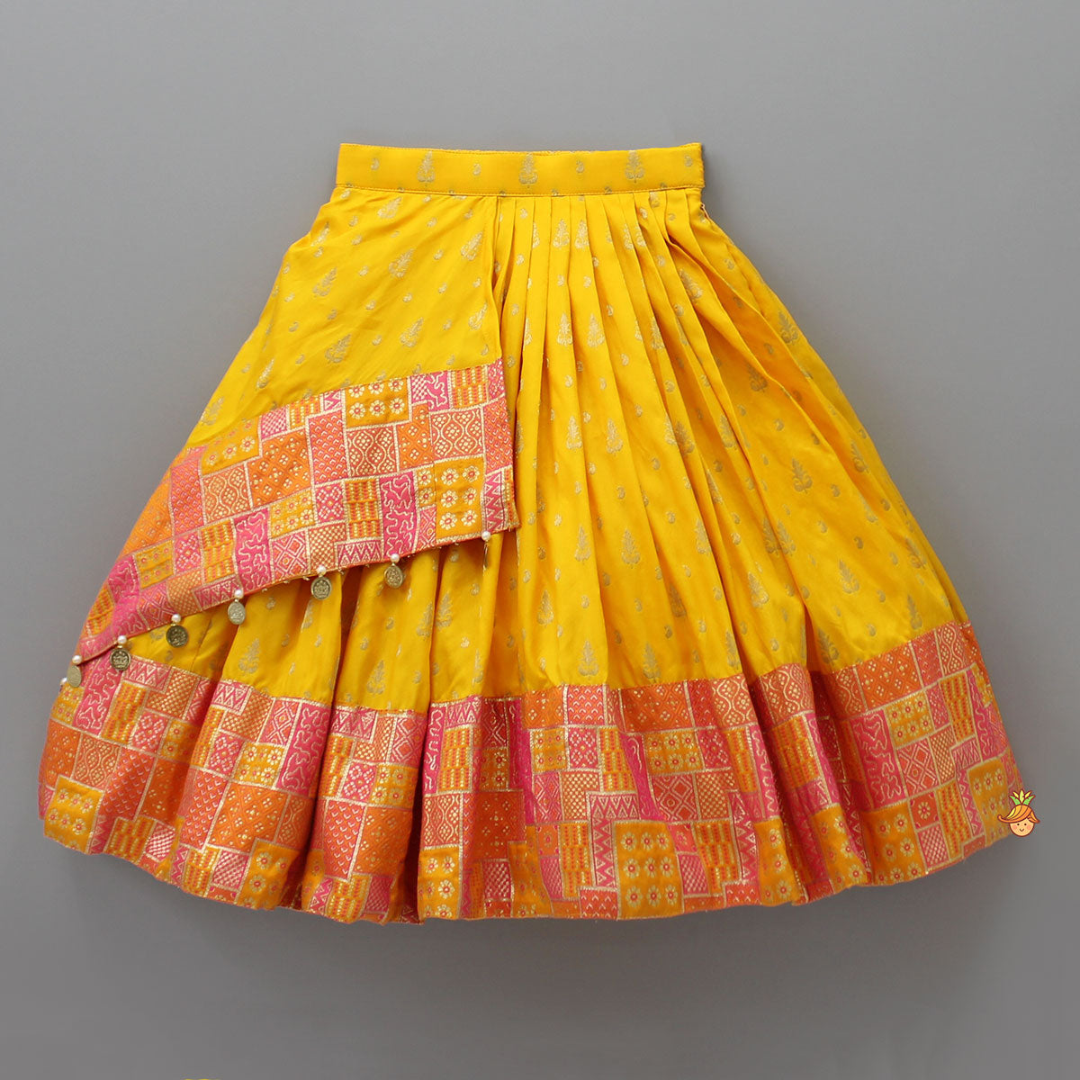 Pre Order: Yellow Multicolour Brocade Printed Top With Pleated Flap Lehenga And Net Dupatta