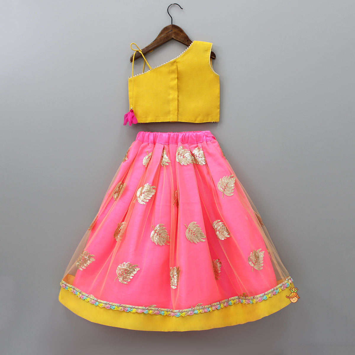 Pre Order: Embroidered One Shoulder Yellow Top With Pink Lehenga