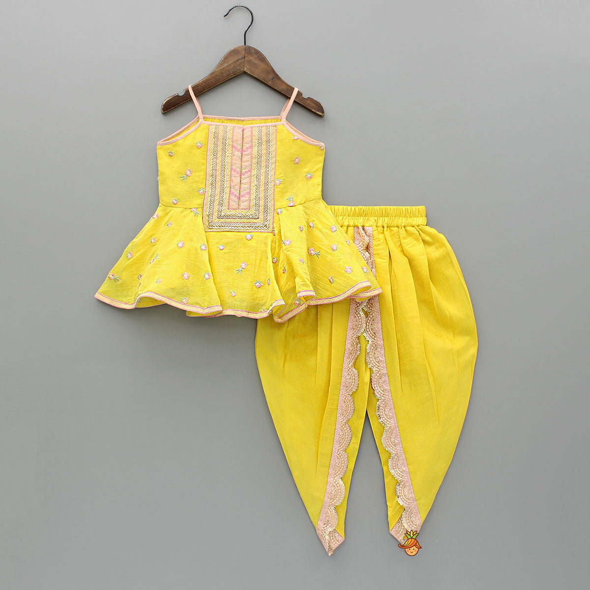 Yellow Embroidered Strappy Top And Tulip Dhoti