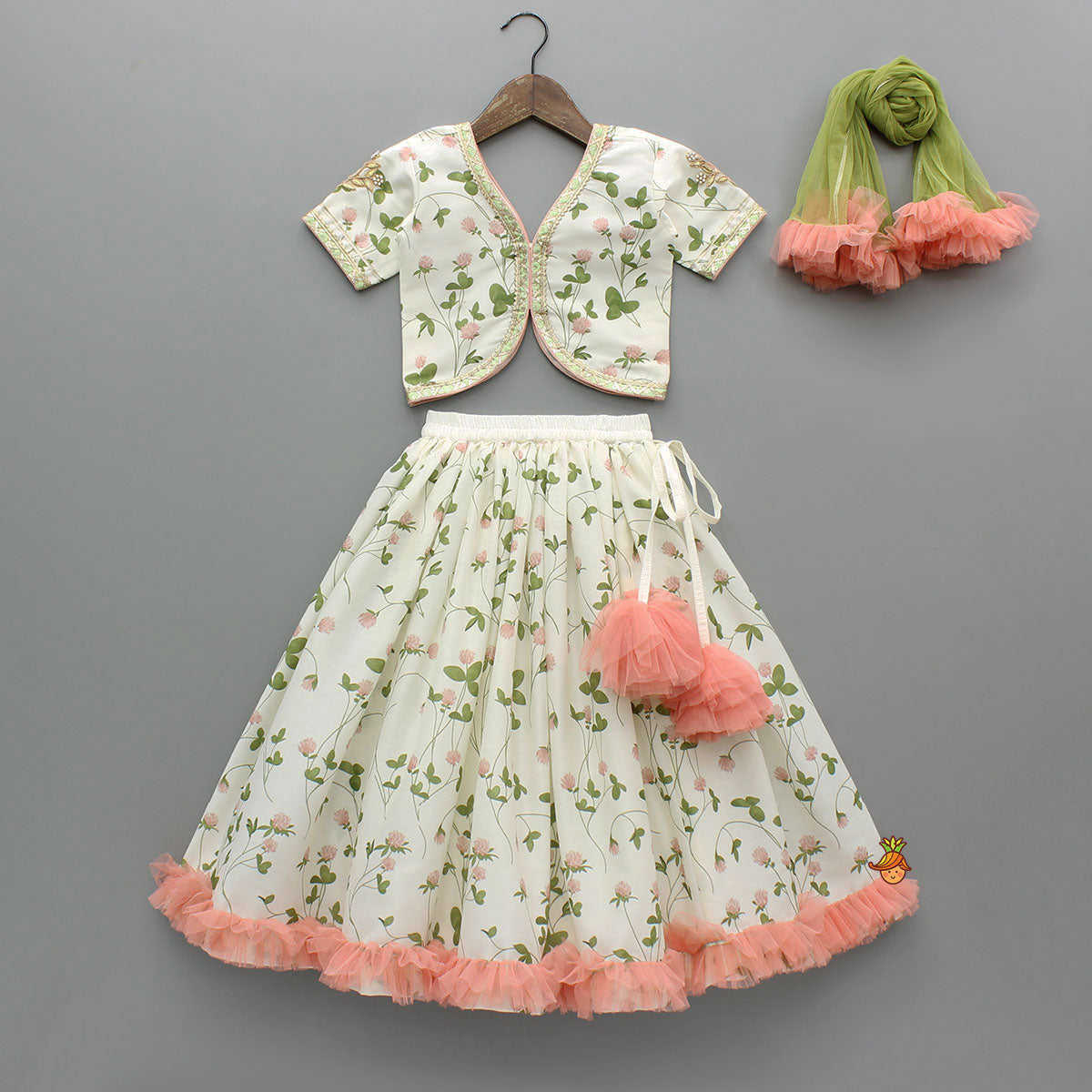 Pre Order: Floral Printed Crop Top With Lehenga And Net Dupatta