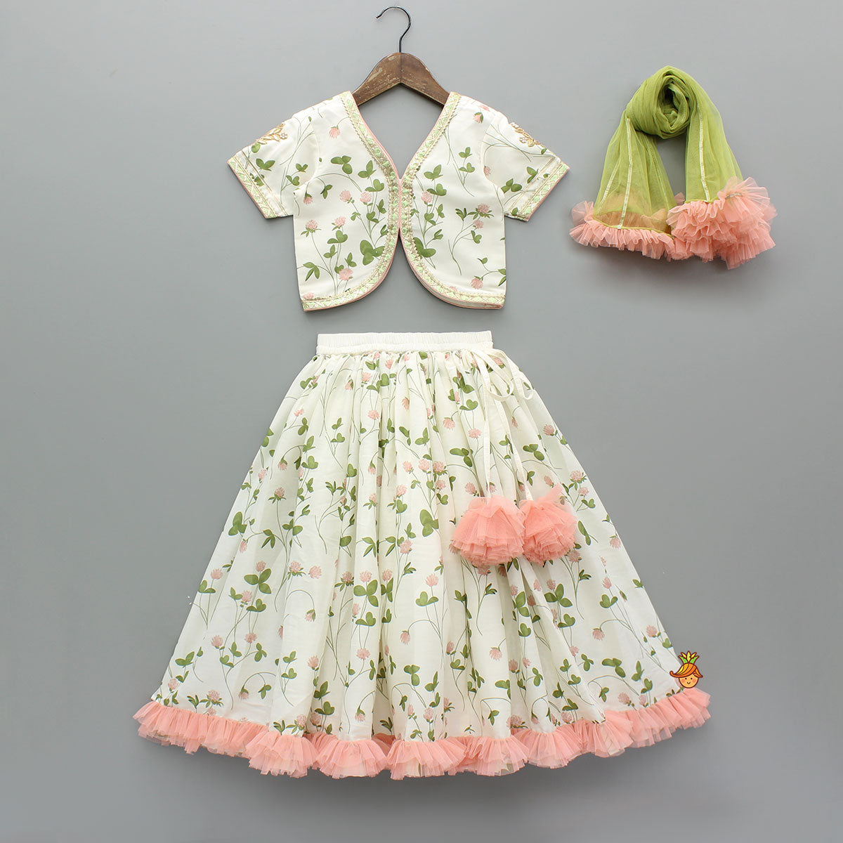 Pre Order: Floral Printed Crop Top With Lehenga And Net Dupatta