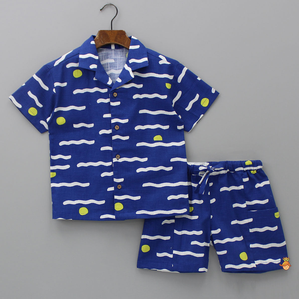 Pre Order: Blue Printed Notch Collar Shirt And Dual Pockets Detail Shorts