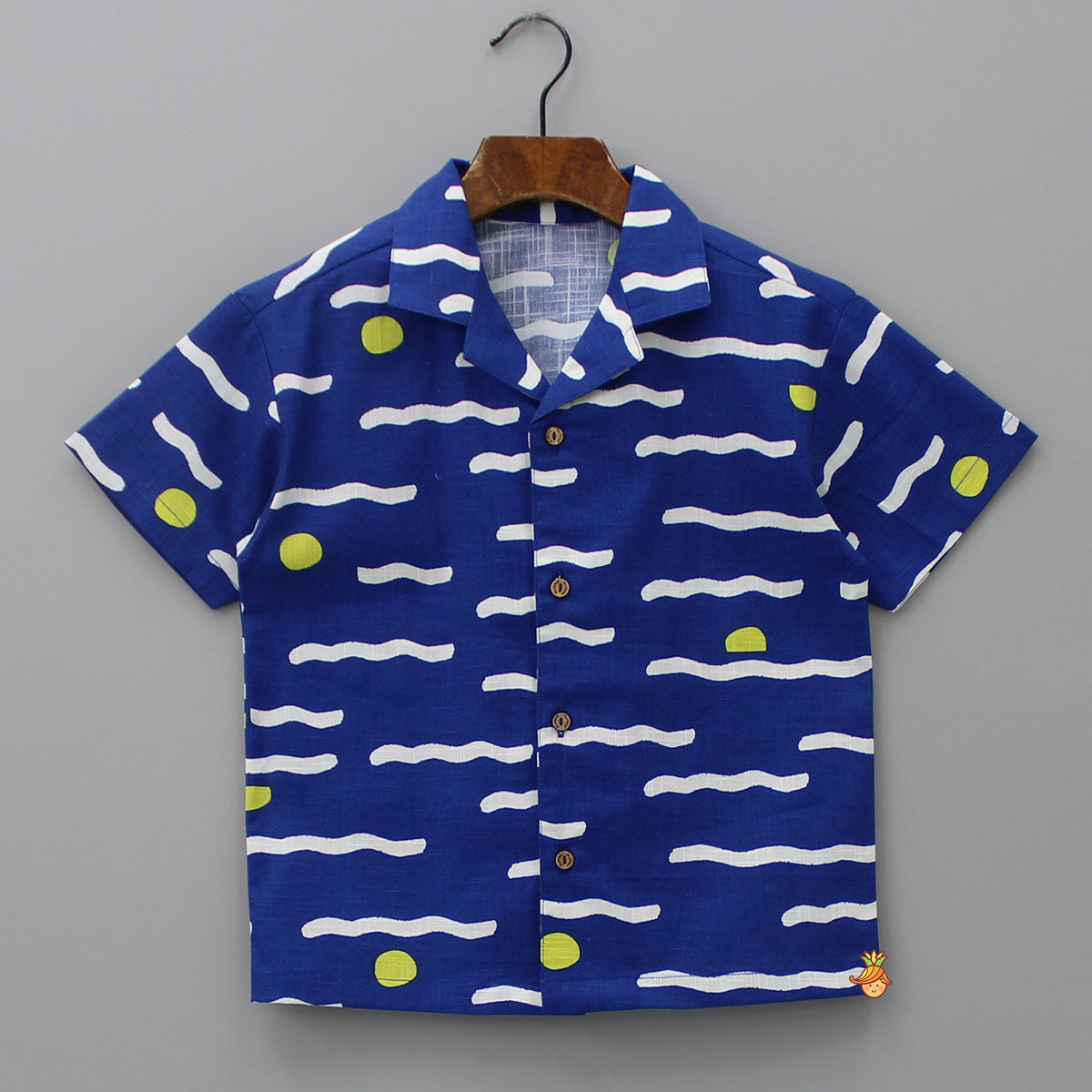 Pre Order: Blue Printed Notch Collar Shirt And Dual Pockets Detail Shorts