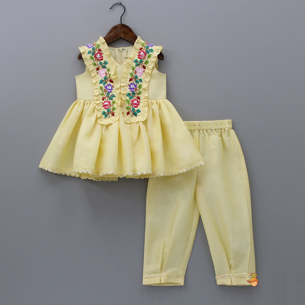 Pre Order: Floral Embroidered Yellow Kurti And Pant