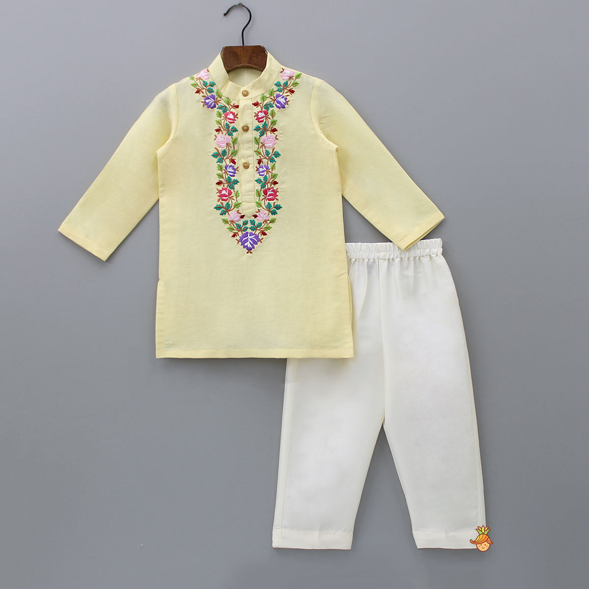 Pre Order: Floral Embroidered Yellow Kurta And Pyjama