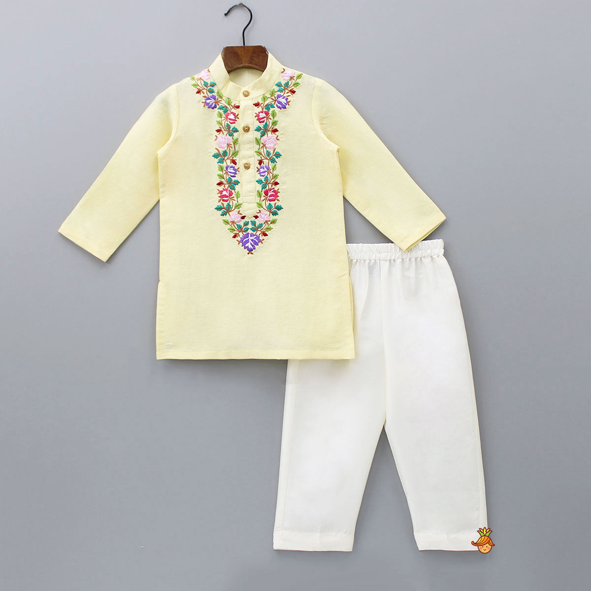 Pre Order: Floral Embroidered Yellow Kurta And Pyjama