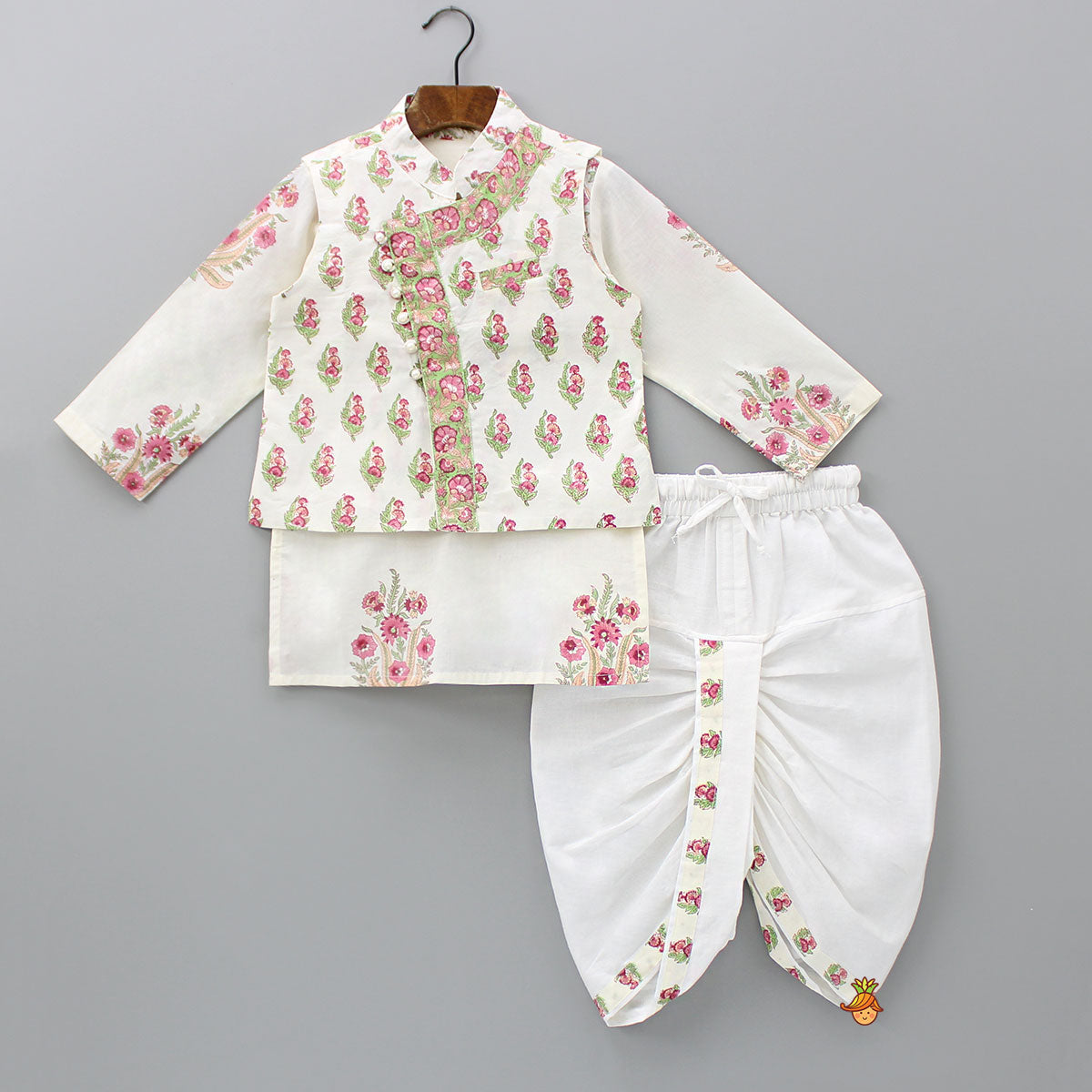 Pre Order: Floral Printed Kurta With Handworked Jacket And Dhoti.