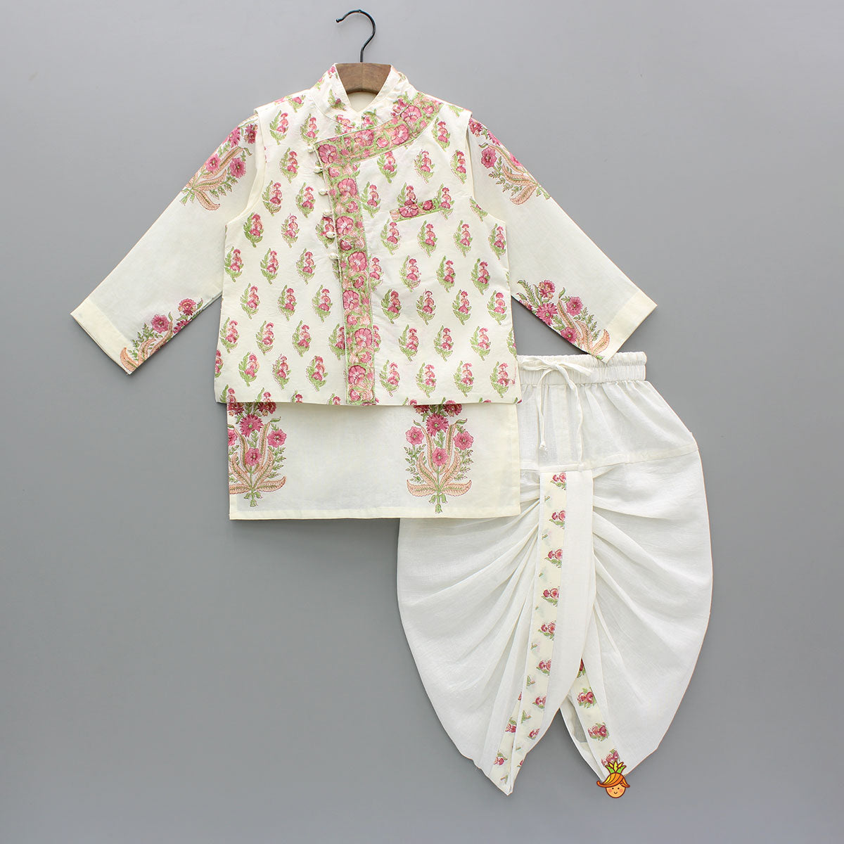 Pre Order: Floral Printed Kurta With Handworked Jacket And Dhoti.