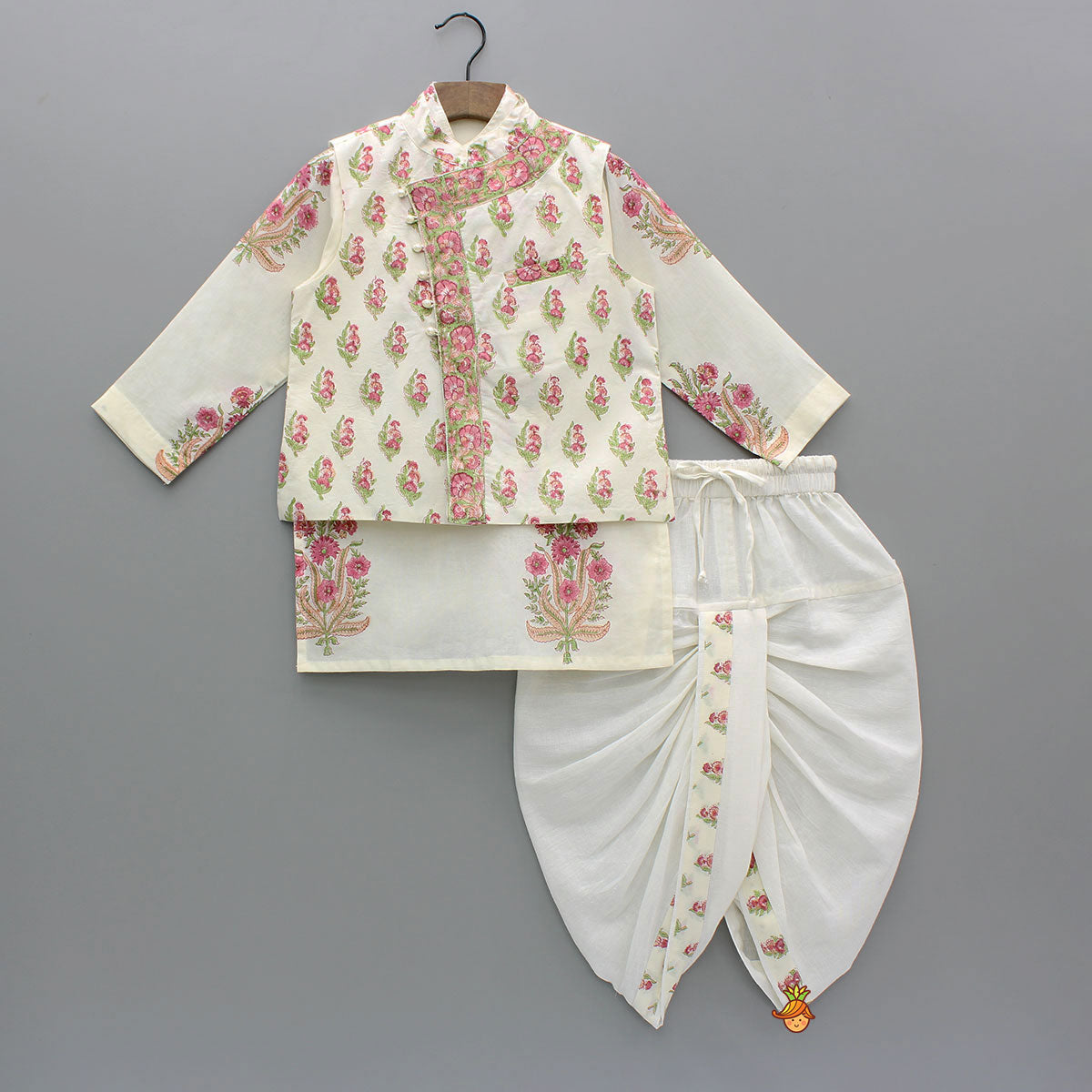 Pre Order: Floral Printed Kurta With Handworked Jacket And Dhoti.