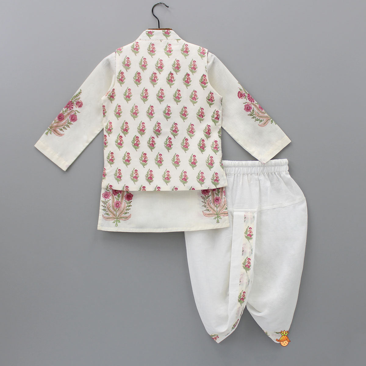 Pre Order: Floral Printed Kurta With Handworked Jacket And Dhoti.