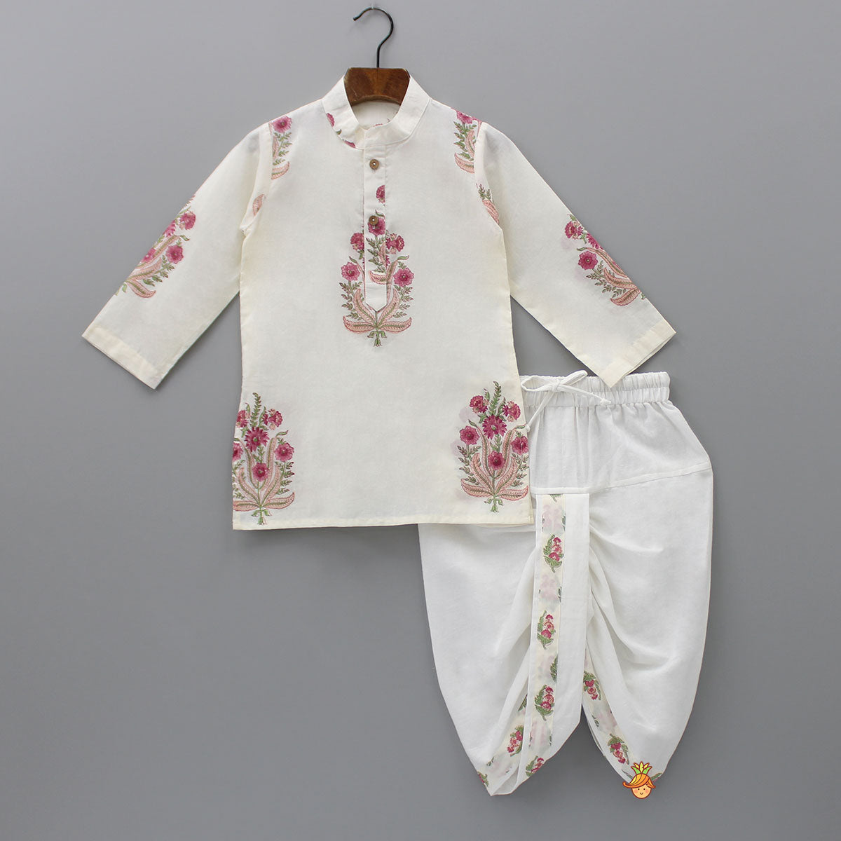 Pre Order: Floral Printed Kurta With Handworked Jacket And Dhoti.
