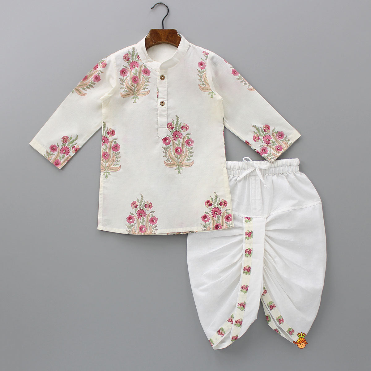 Pre Order: Floral Printed Kurta With Handworked Jacket And Dhoti.