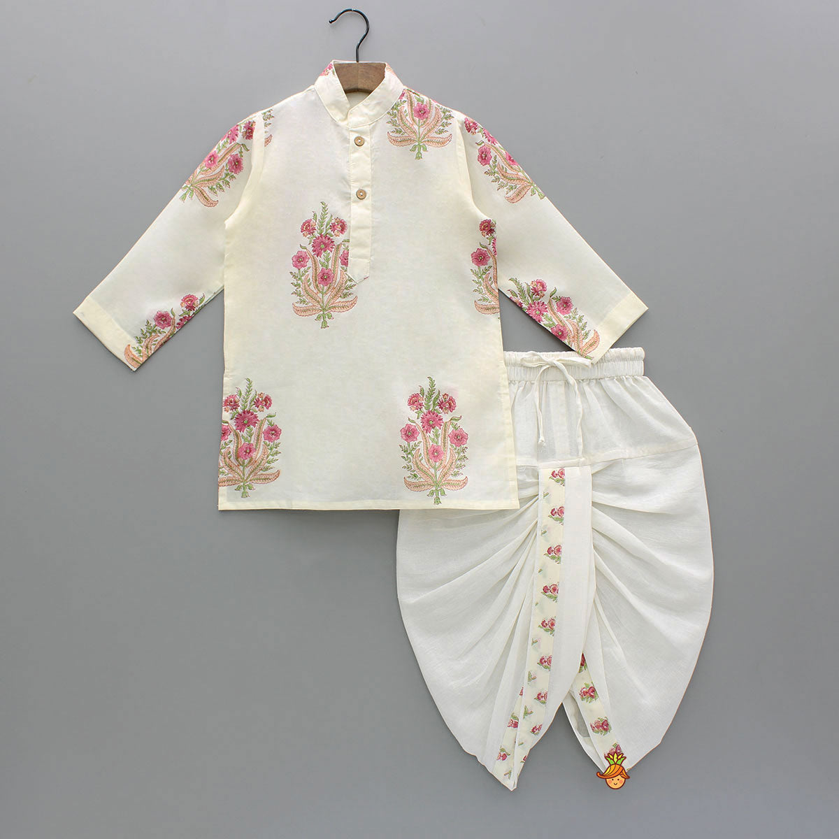 Pre Order: Floral Printed Kurta With Handworked Jacket And Dhoti.