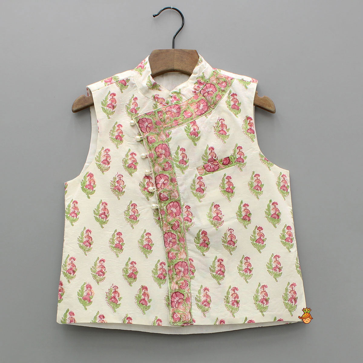 Pre Order: Floral Printed Kurta With Handworked Jacket And Dhoti.