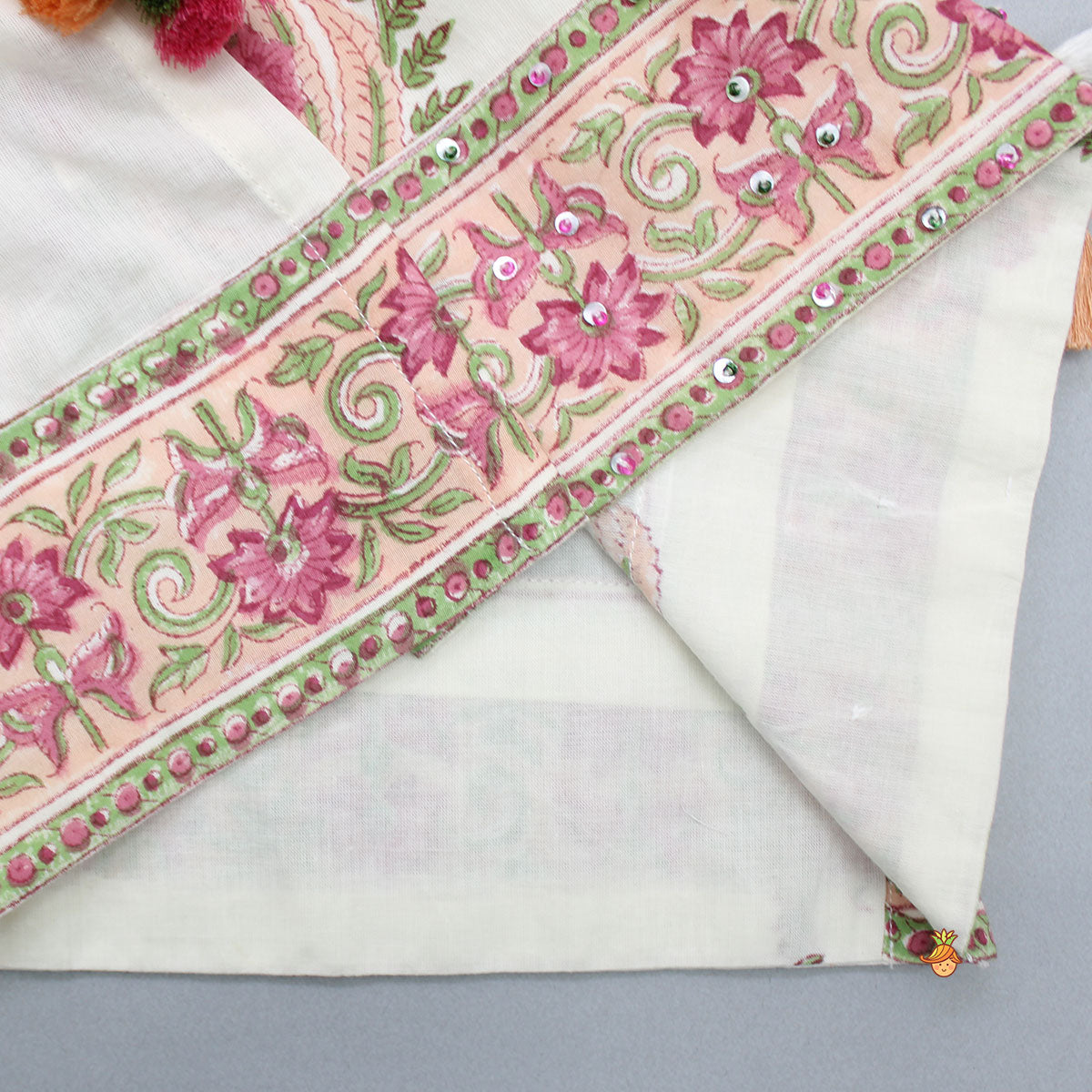 Pre Order: Floral Printed Bead Work Kurti With Sharara And Chevron Printed Dupatta