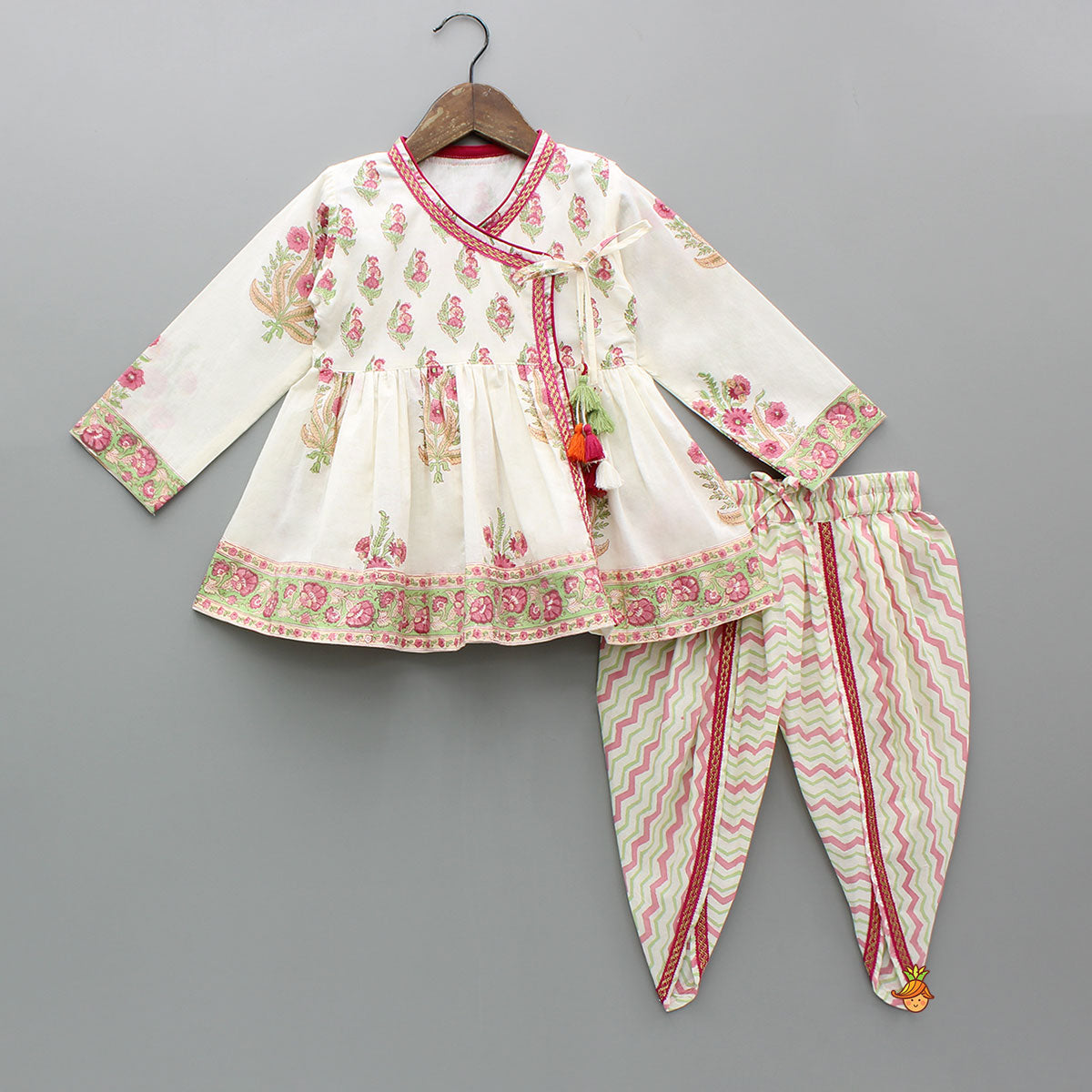 Pre Order: Floral Angarkha Kurti And Chevron Printed Tulip Pants