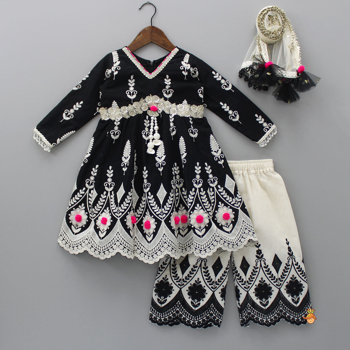 Pre Order: Thread Embroidered Black Kurti And Palazzo With Net Dupatta