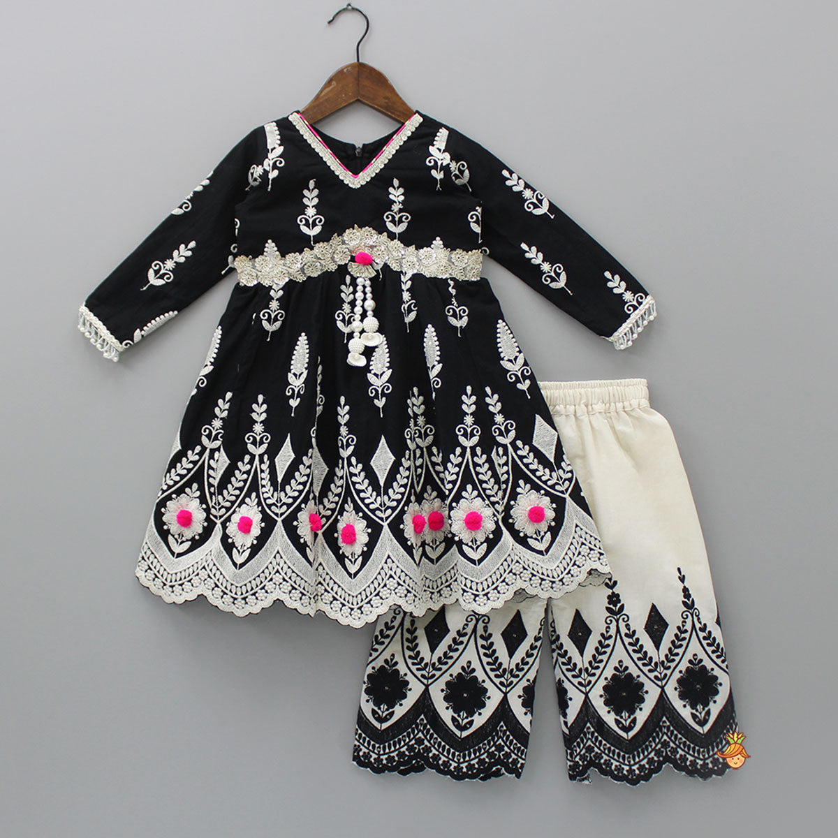 Pre Order: Thread Embroidered Black Kurti And Palazzo With Net Dupatta