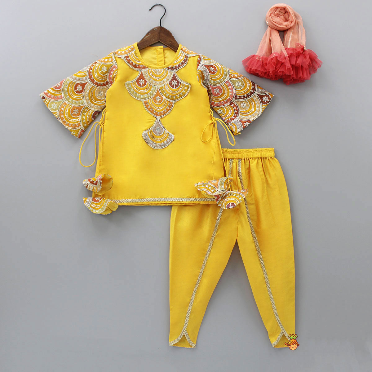 Pre Order: Embroidered Mustard Kurti And Tulip Dhoti With Net Dupatta