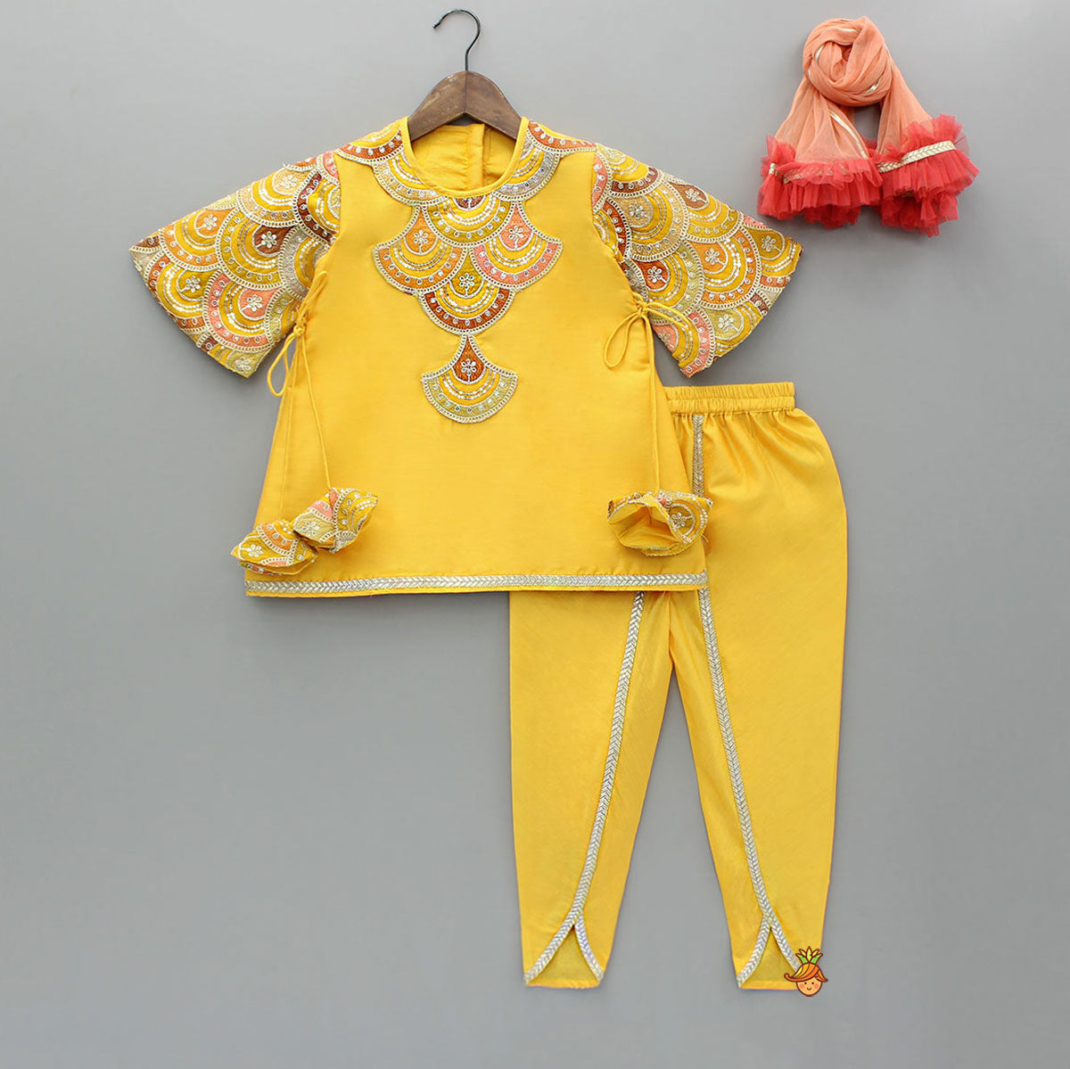 Pre Order: Embroidered Mustard Kurti And Tulip Dhoti With Net Dupatta