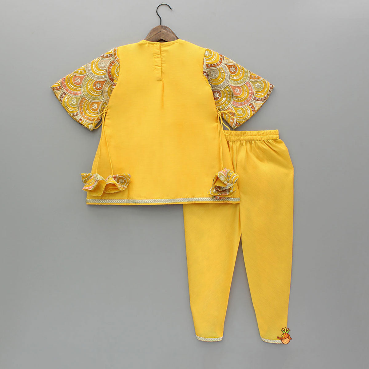 Pre Order: Embroidered Mustard Kurti And Tulip Dhoti With Net Dupatta