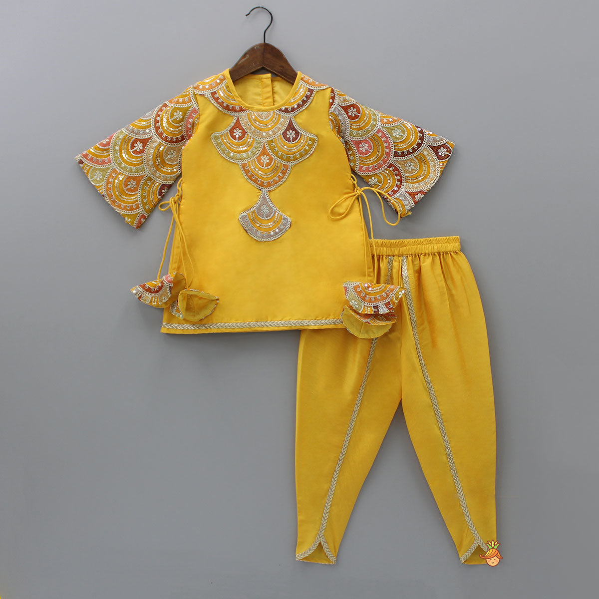 Pre Order: Embroidered Mustard Kurti And Tulip Dhoti With Net Dupatta