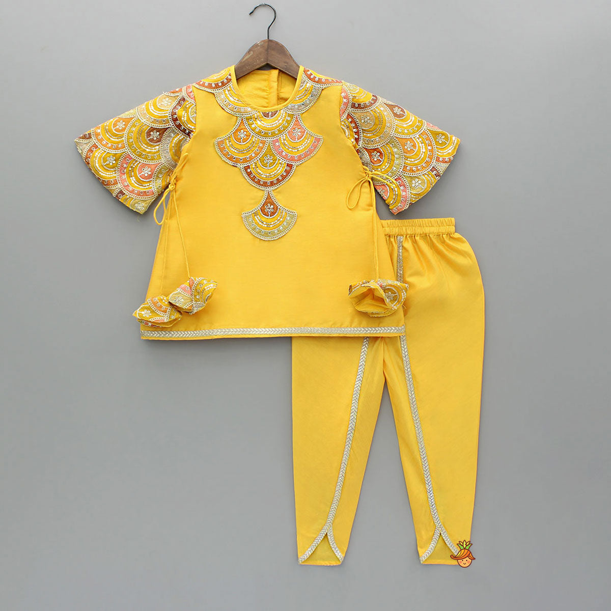 Pre Order: Embroidered Mustard Kurti And Tulip Dhoti With Net Dupatta