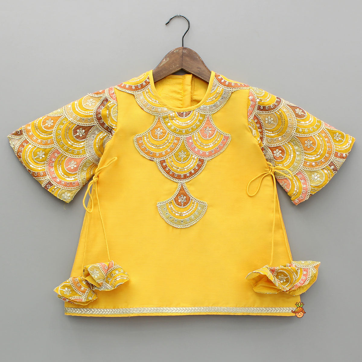 Pre Order: Embroidered Mustard Kurti And Tulip Dhoti With Net Dupatta