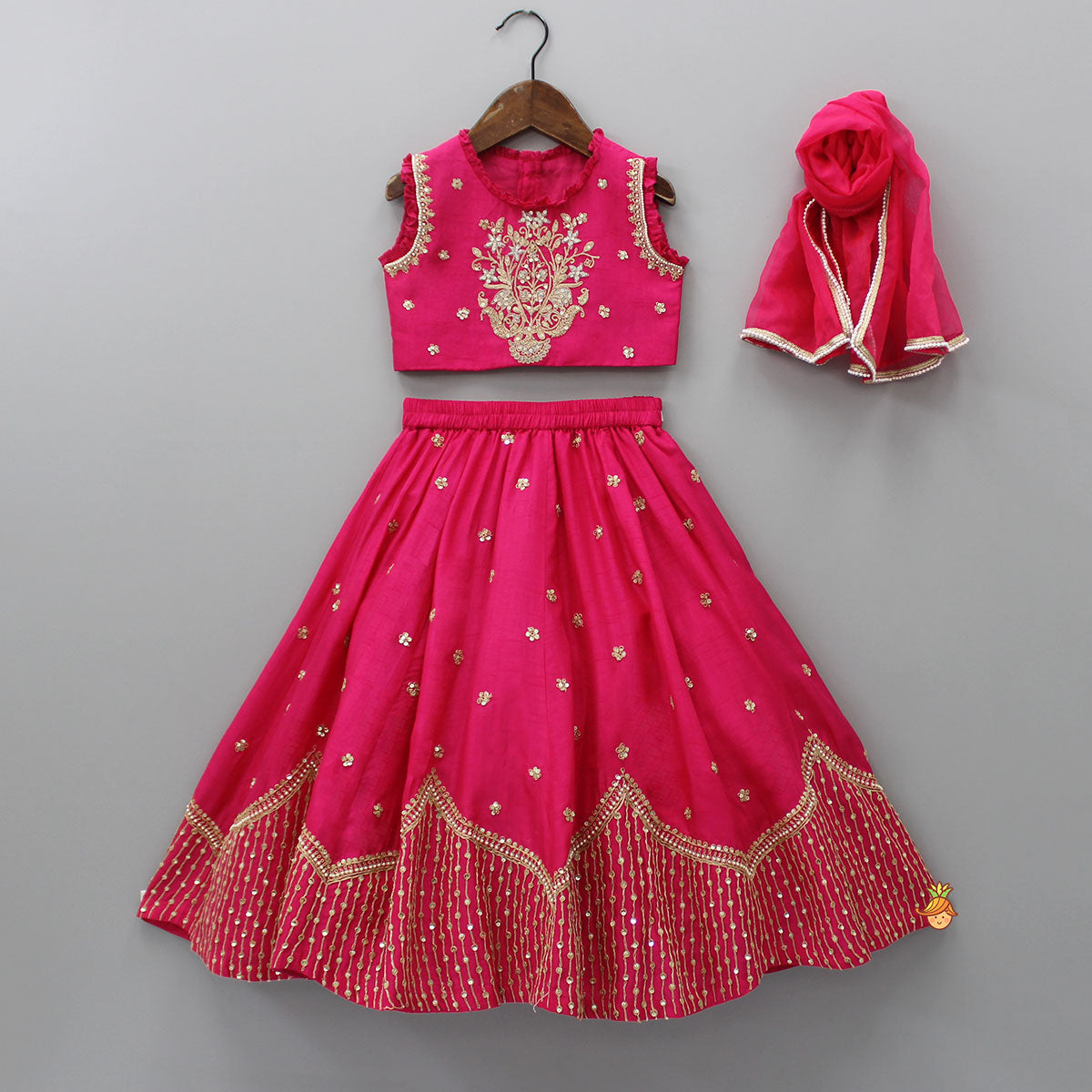 Pre Order: Sequin Embroidered Pink Top And Lehenga With Matching Net Dupatta