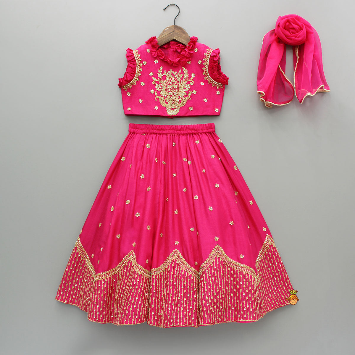 Pre Order: Sequin Embroidered Pink Top And Lehenga With Matching Net Dupatta