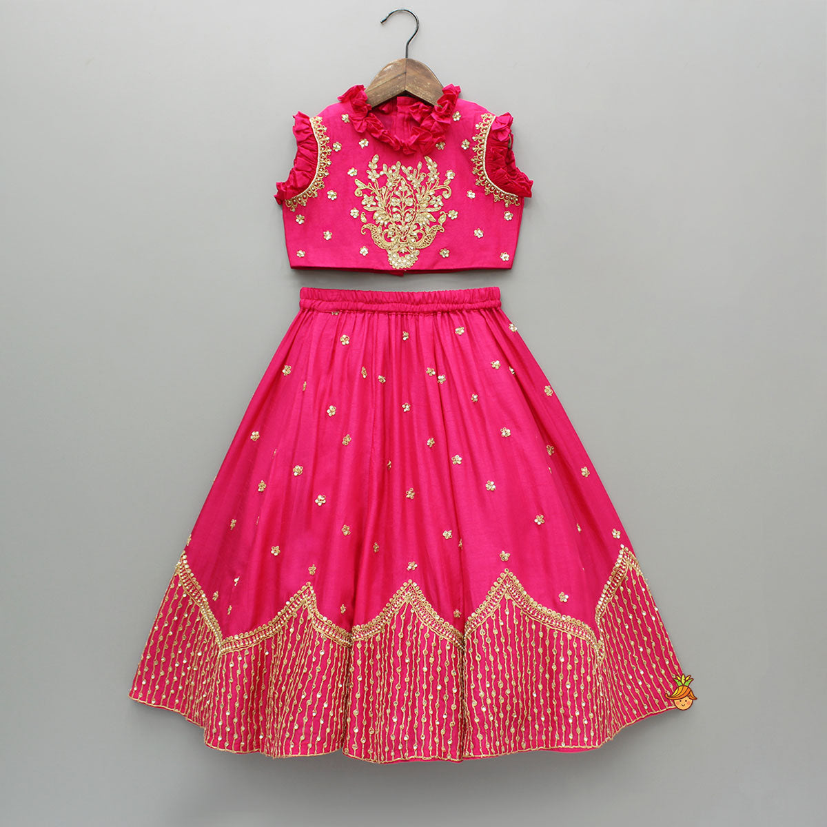 Pre Order: Sequin Embroidered Pink Top And Lehenga With Matching Net Dupatta