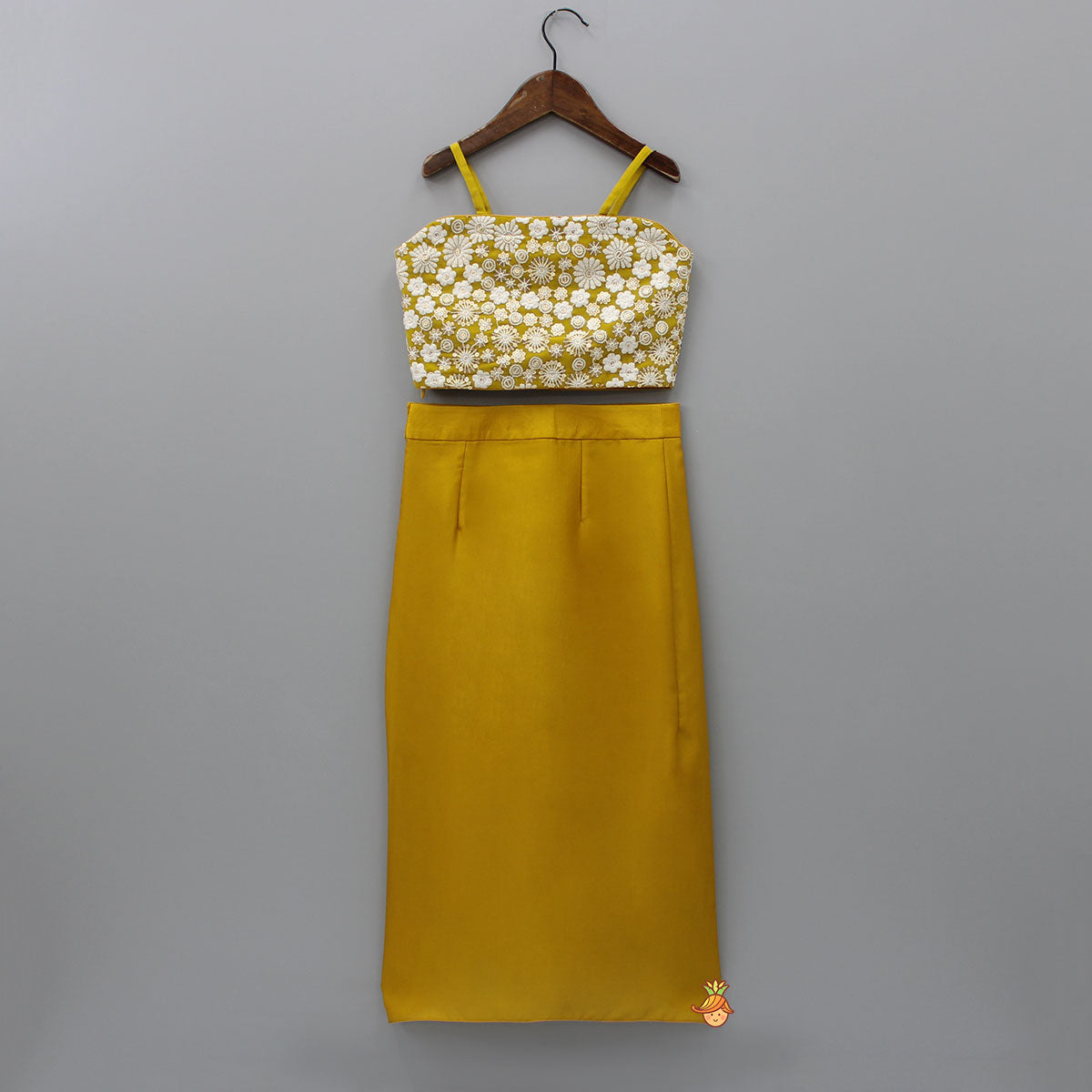 Pre Order: Mustard Sequin Thread Embroidered Strappy Crop Top With Draped Skirt
