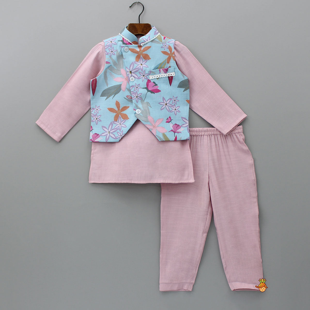 Pre Order: Blue Floral Printed Jacket With Pink Kurta And Pyjama