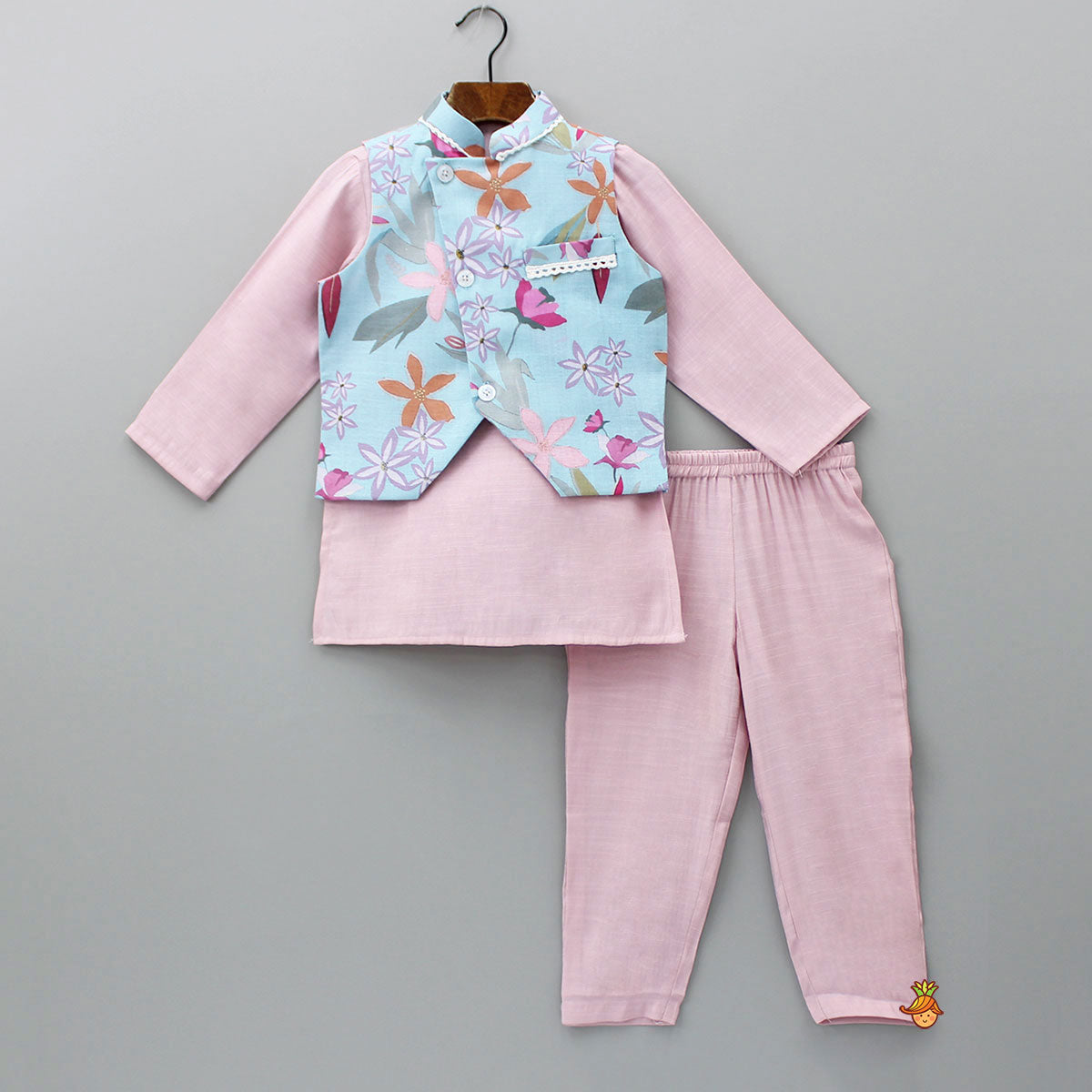 Pre Order: Blue Floral Printed Jacket With Pink Kurta And Pyjama