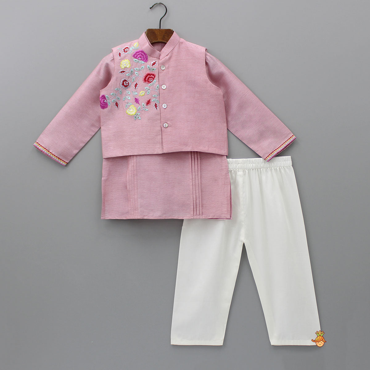 Pre Order: Purple Pintuck Kurta And Thread Embroidered Jacket With Pyjama