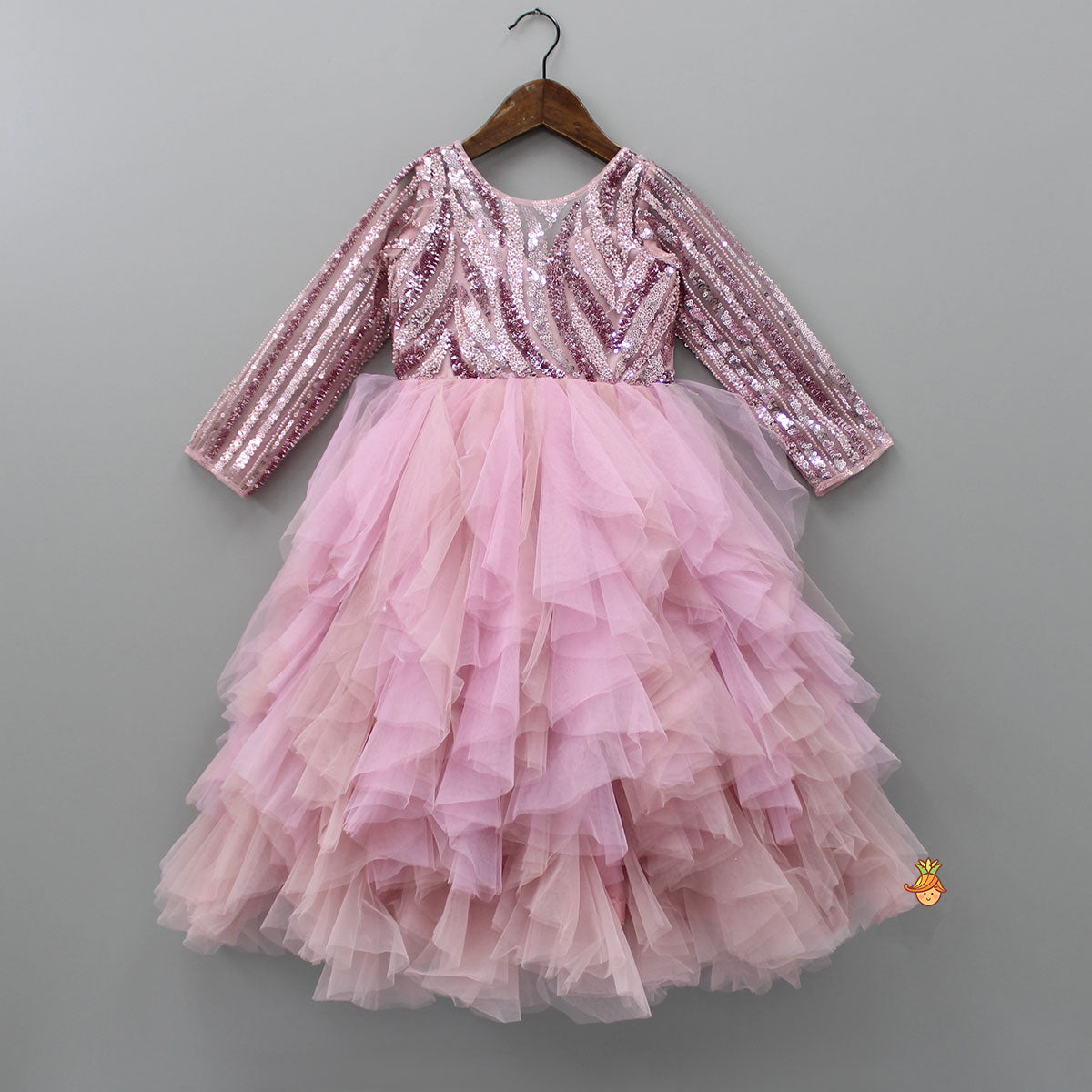 Pre Order: Sequin Detail Asymmetric Layered Pink Net Dress