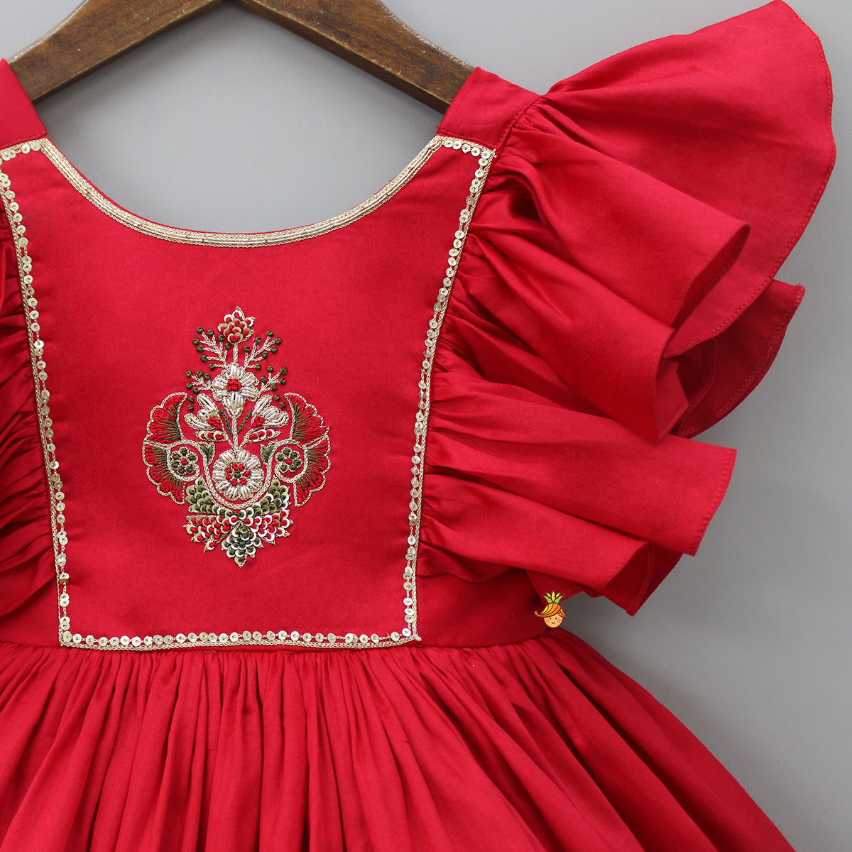 Pre Order: Red Hand Embroidered Frilly Dress