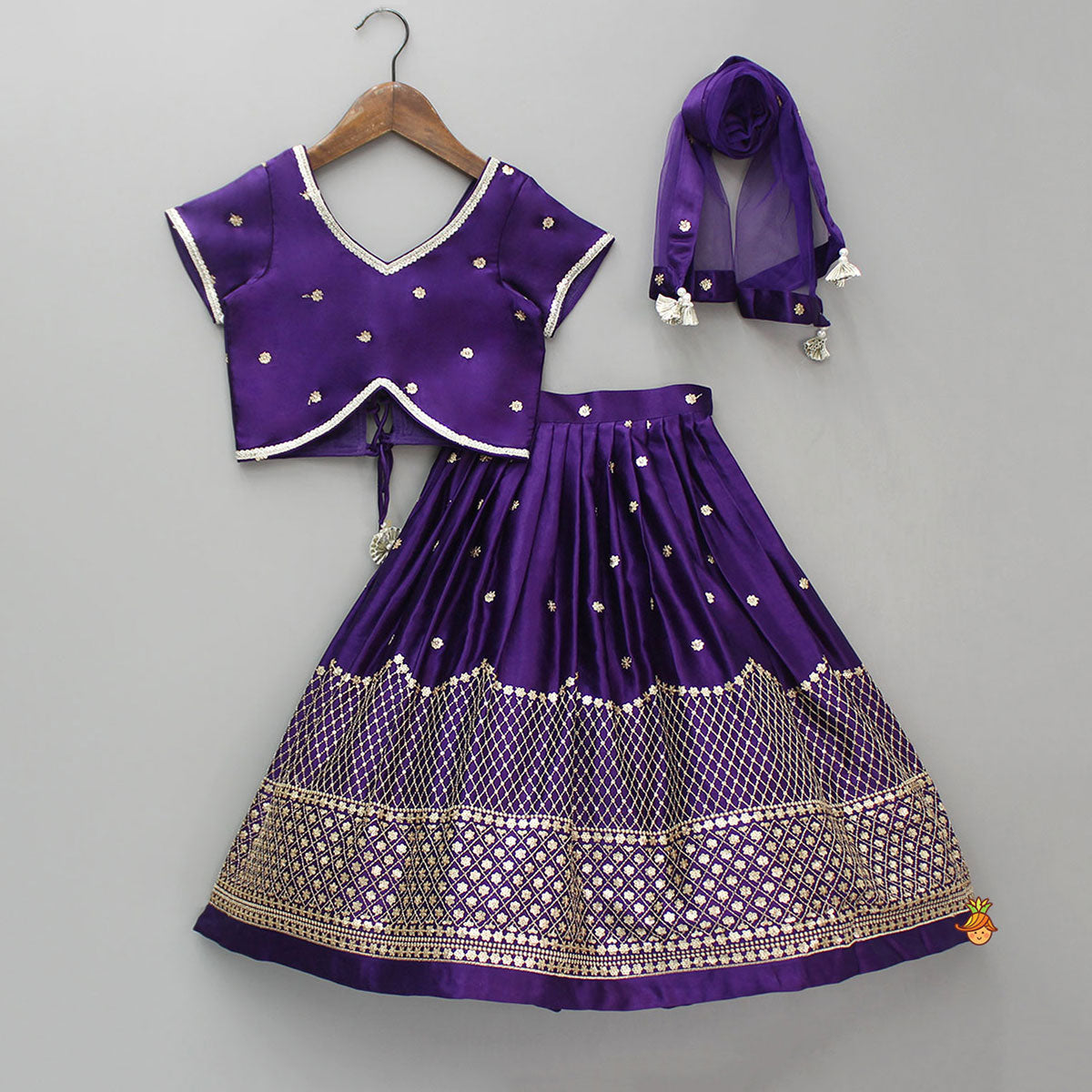 Pre Order: Sequin Embroidered Purple Top And Lehenga With Matching Net Dupatta