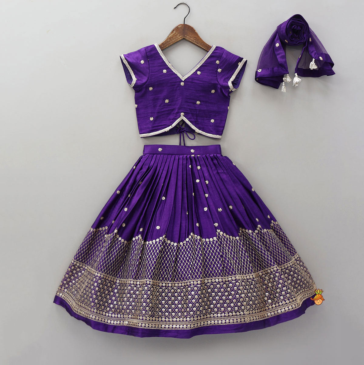 Pre Order: Sequin Embroidered Purple Top And Lehenga With Matching Net Dupatta