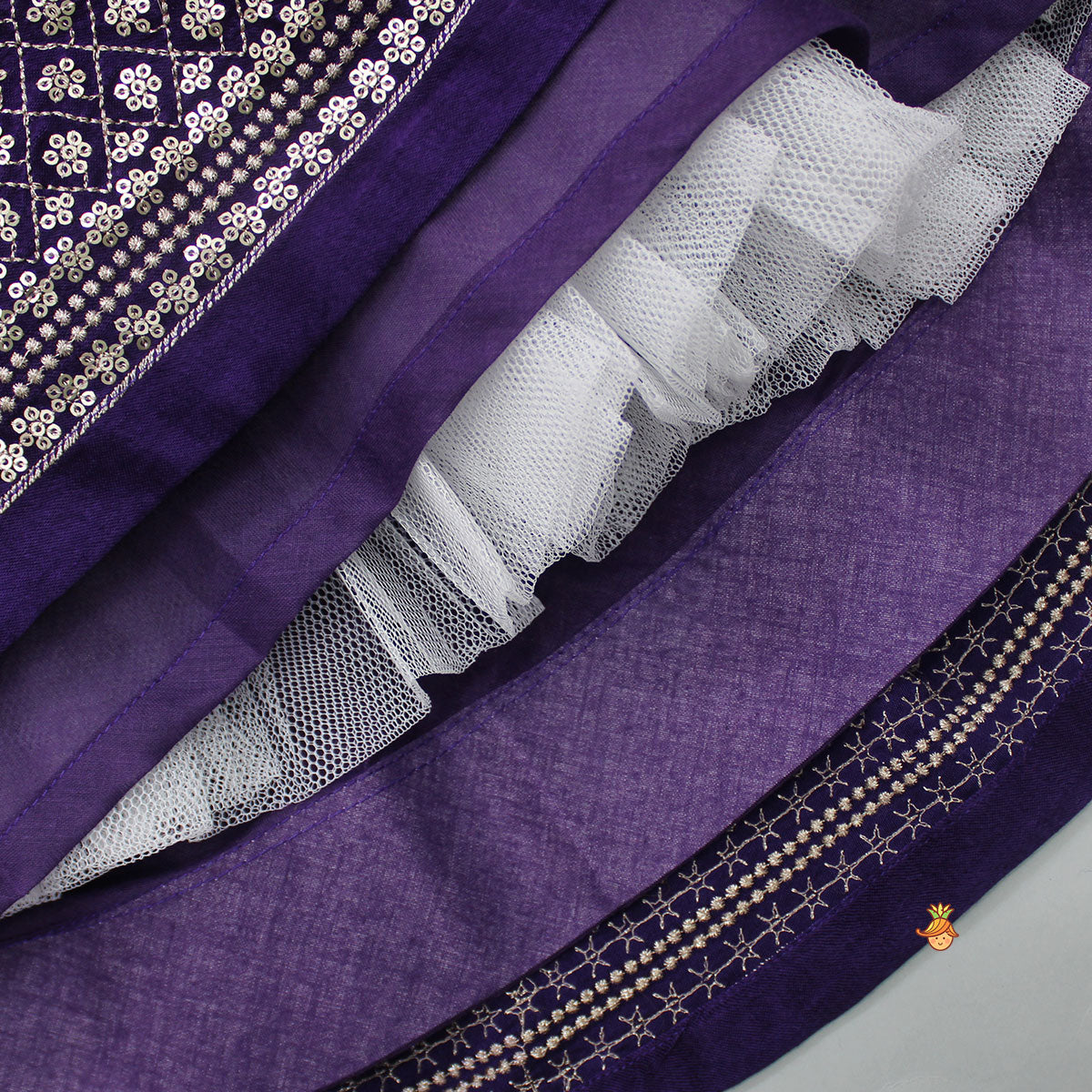 Pre Order: Sequin Embroidered Purple Top And Lehenga With Matching Net Dupatta