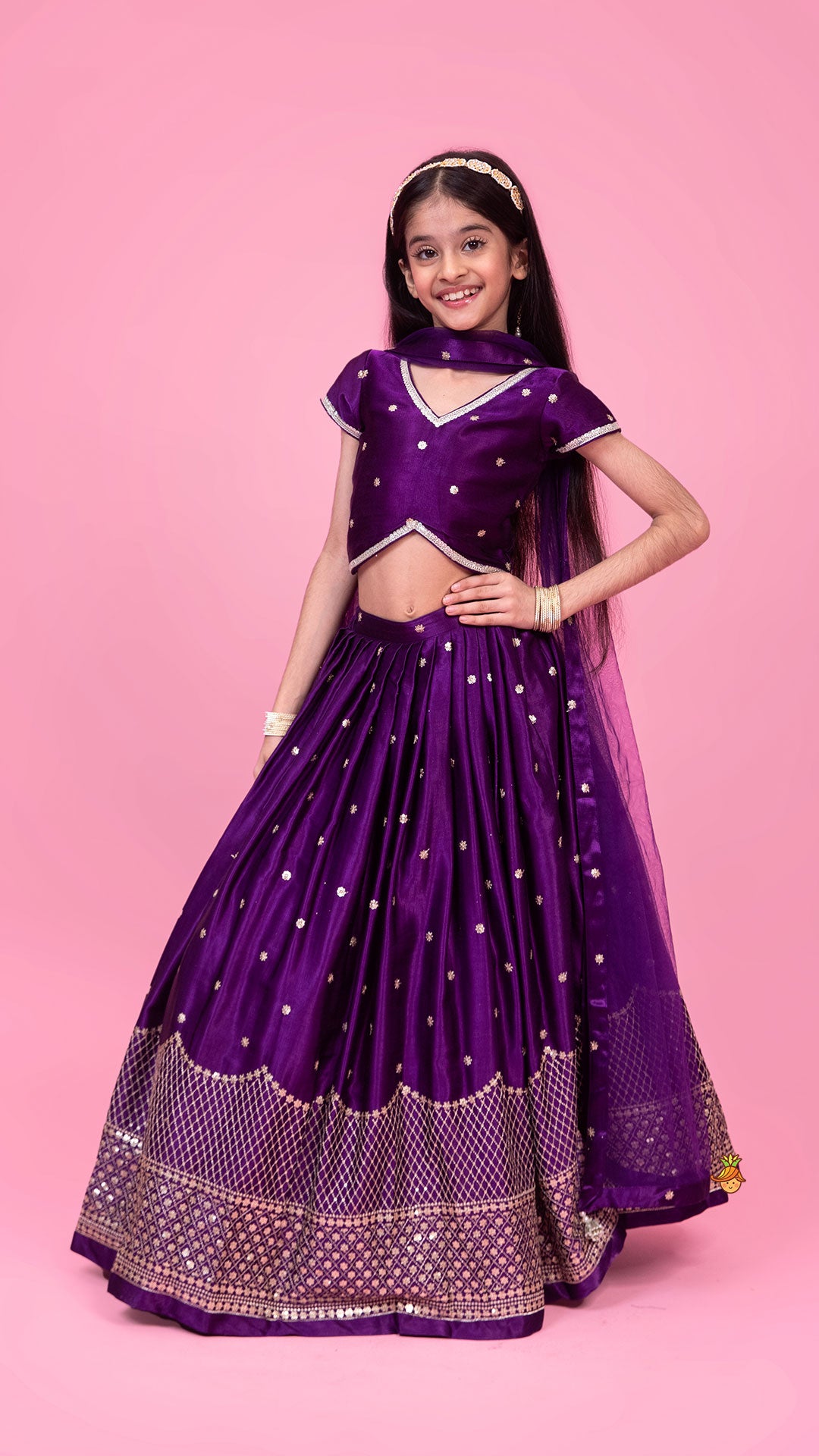 Pre Order: Sequin Embroidered Purple Top And Lehenga With Matching Net Dupatta