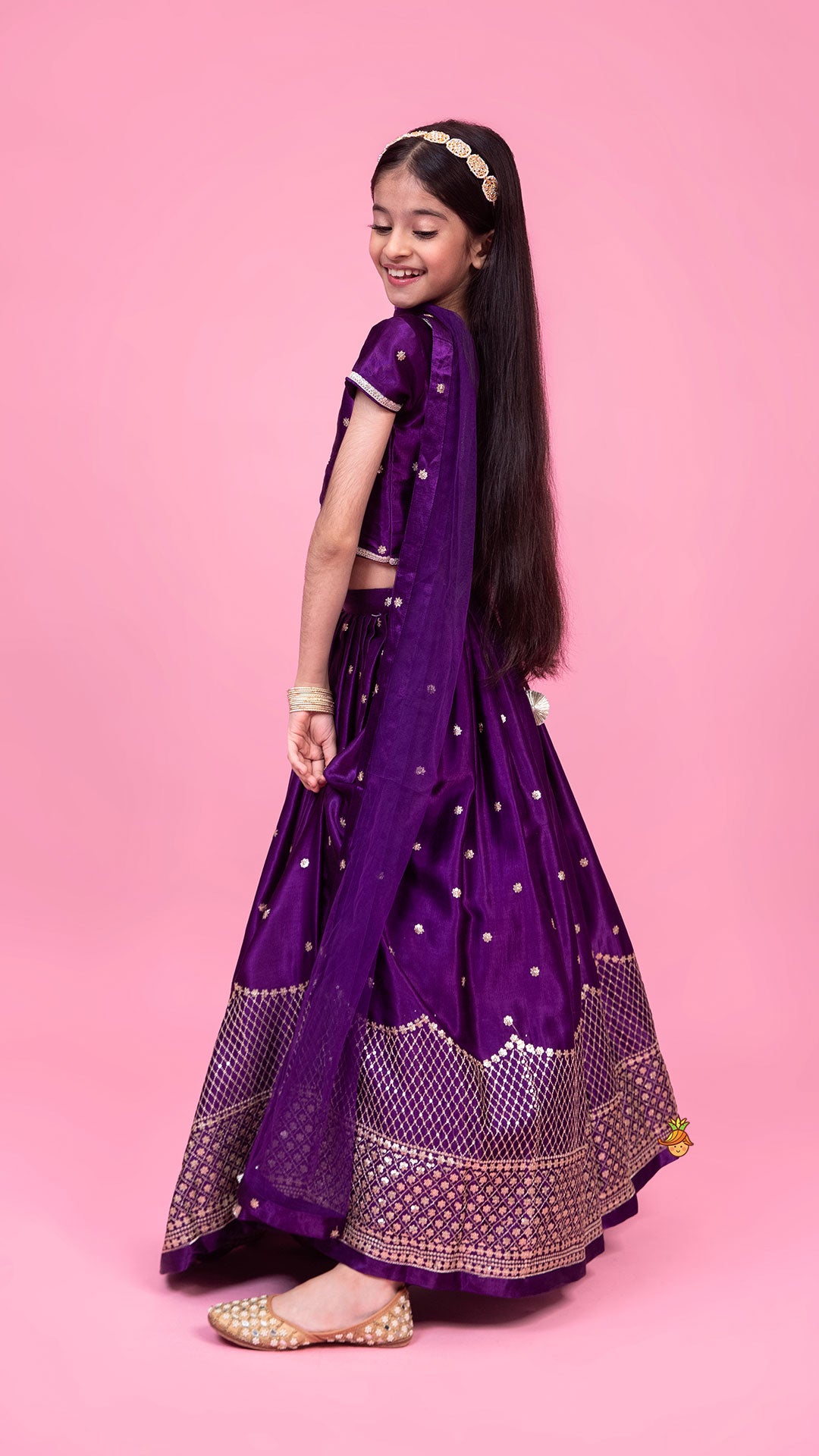 Pre Order: Sequin Embroidered Purple Top And Lehenga With Matching Net Dupatta