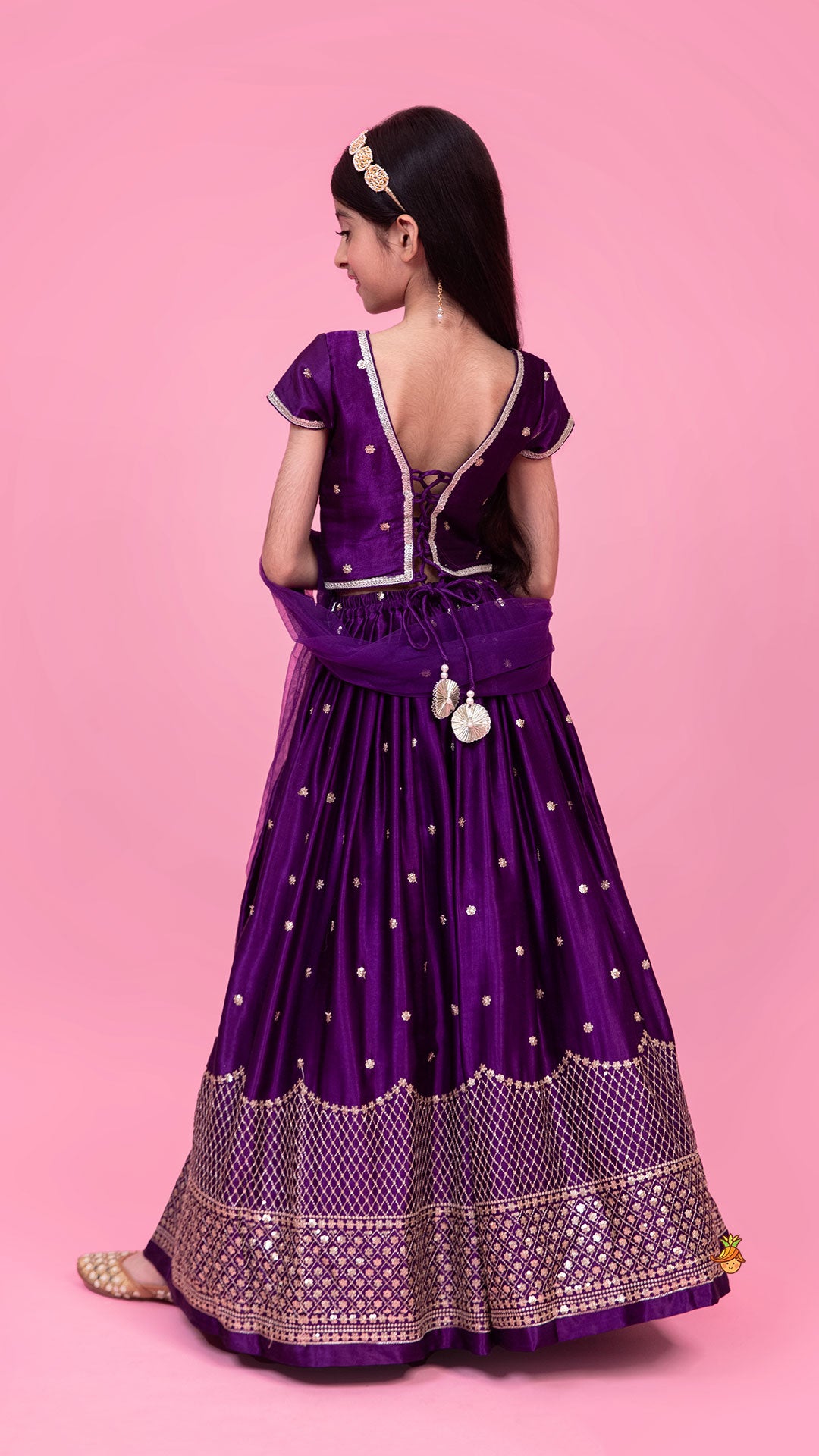 Pre Order: Sequin Embroidered Purple Top And Lehenga With Matching Net Dupatta