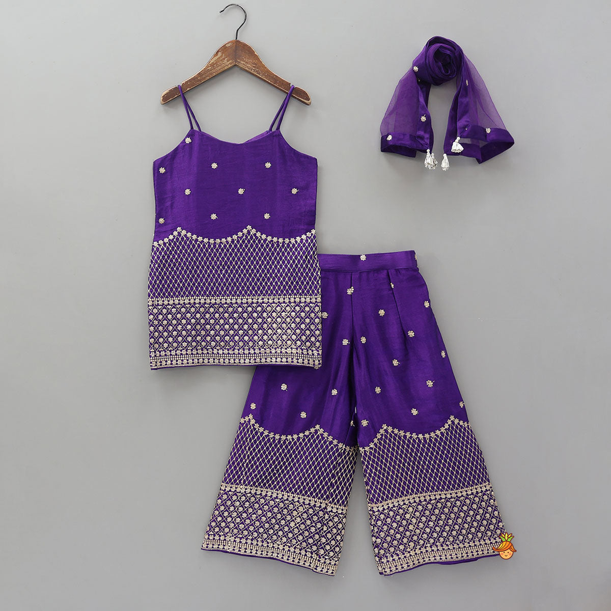 Pre Order: Sequins And Thread Embroidered Purple Strappy Kurti With Palazzo And Net Dupatta