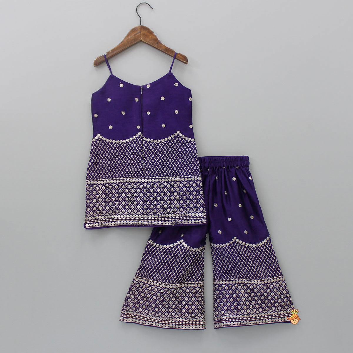 Pre Order: Sequins And Thread Embroidered Purple Strappy Kurti With Palazzo And Net Dupatta