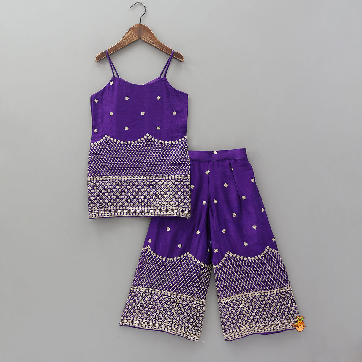 Pre Order: Sequins And Thread Embroidered Purple Strappy Kurti With Palazzo And Net Dupatta