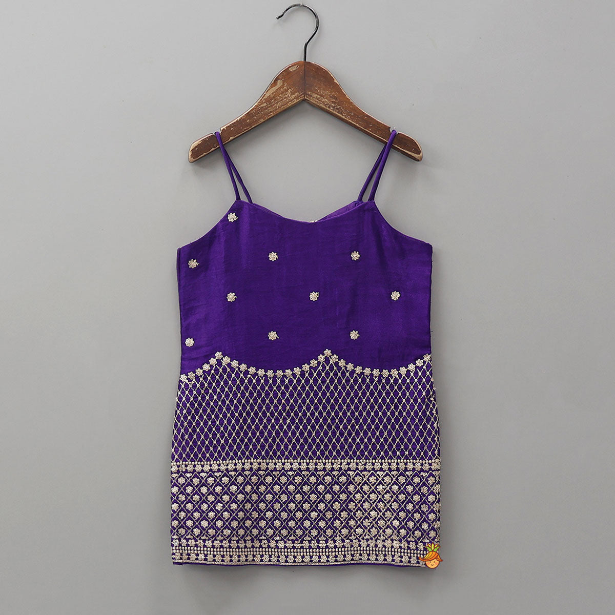 Pre Order: Sequins And Thread Embroidered Purple Strappy Kurti With Palazzo And Net Dupatta